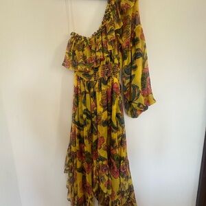 Misa Los Angeles Yellow Pink Ruffled One-Shoulder Dress